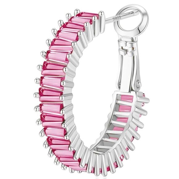 14K White Gold with Rosy Pink Sapphire Cubic Zirconia Hoop Leverback Earrings - Picture 2 of 7
